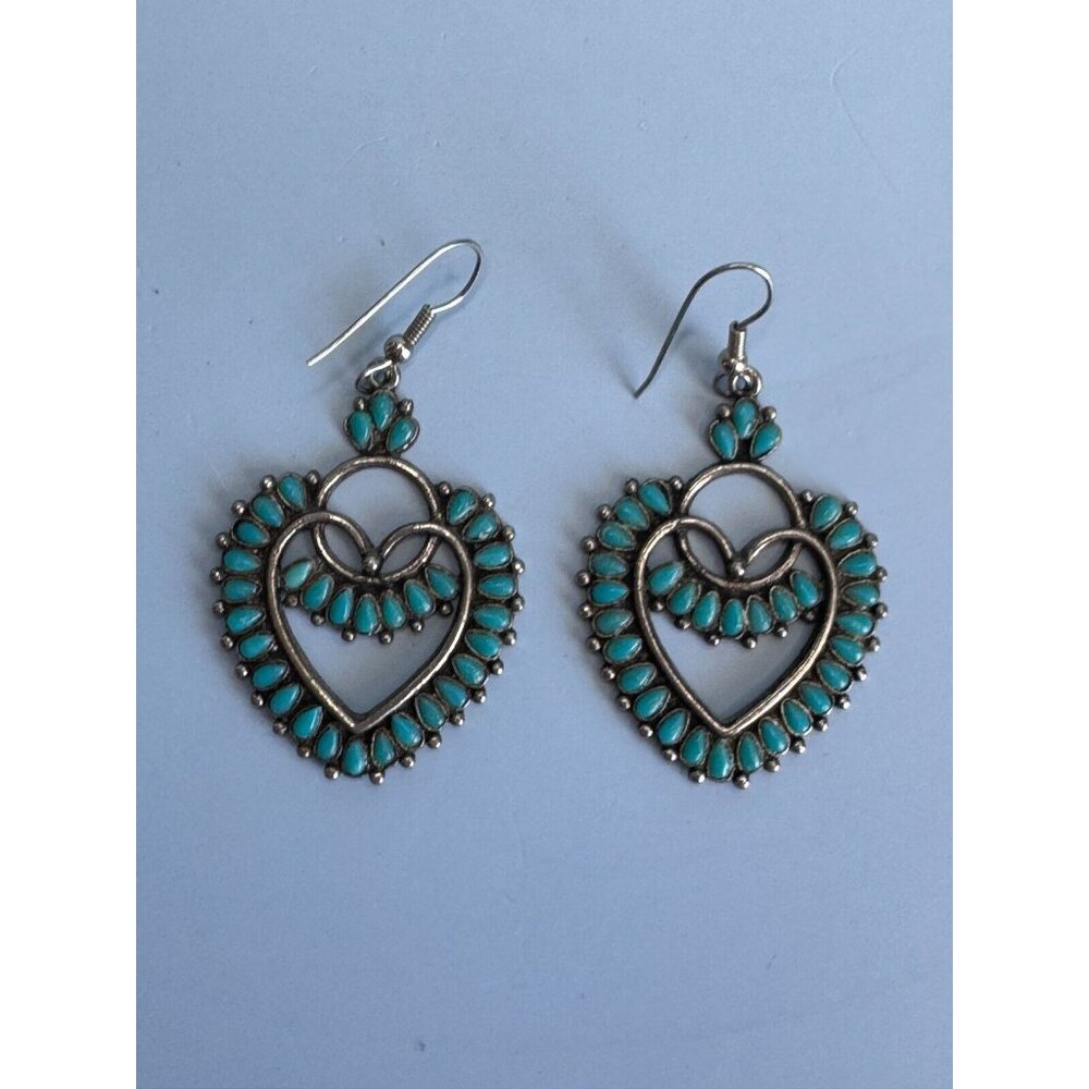 Vintage Southwestern Silver Tone Block Turquoise Earrings by Sancrest Jewelry - Picture 2 of 10